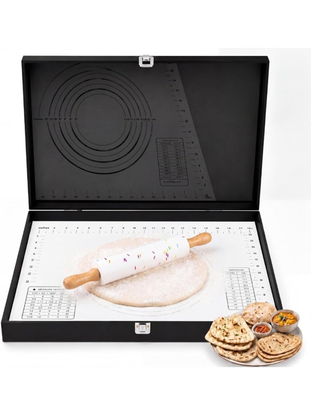 Roti Box with Lid, Rolling Pin & Silicone Mat - 19.7x15.8x3 Inch Baking Set
